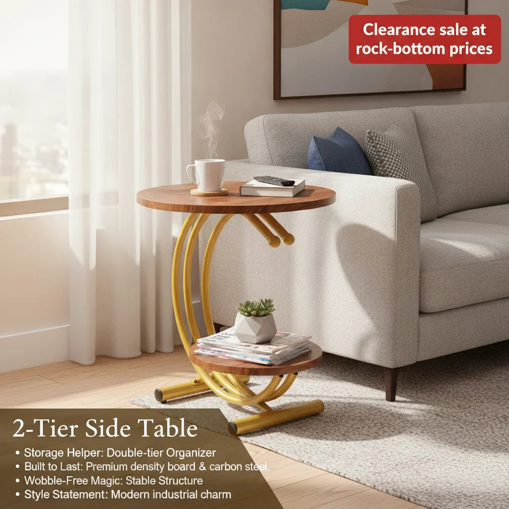 Elegant Gold Walnut 2-Tier Round End Table with Storage Shelf