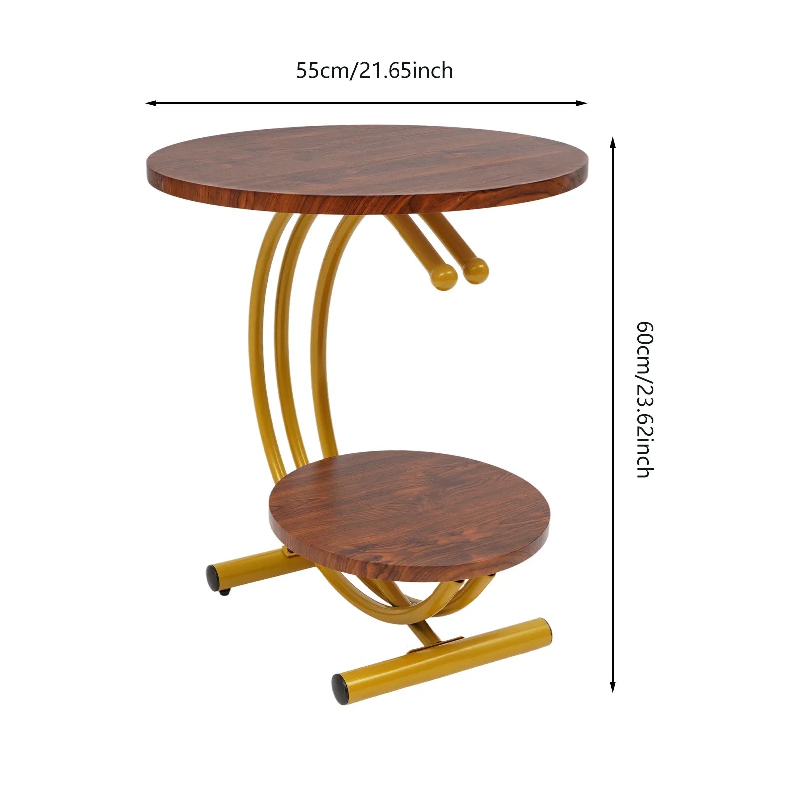 Elegant Gold Walnut 2-Tier Round End Table with Storage Shelf