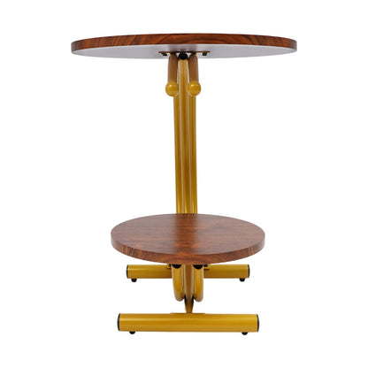 Elegant Gold Walnut 2-Tier Round End Table with Storage Shelf
