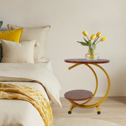 Elegant Gold Walnut 2-Tier Round End Table with Storage Shelf