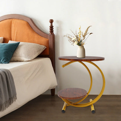 Elegant Gold Walnut 2-Tier Round End Table with Storage Shelf