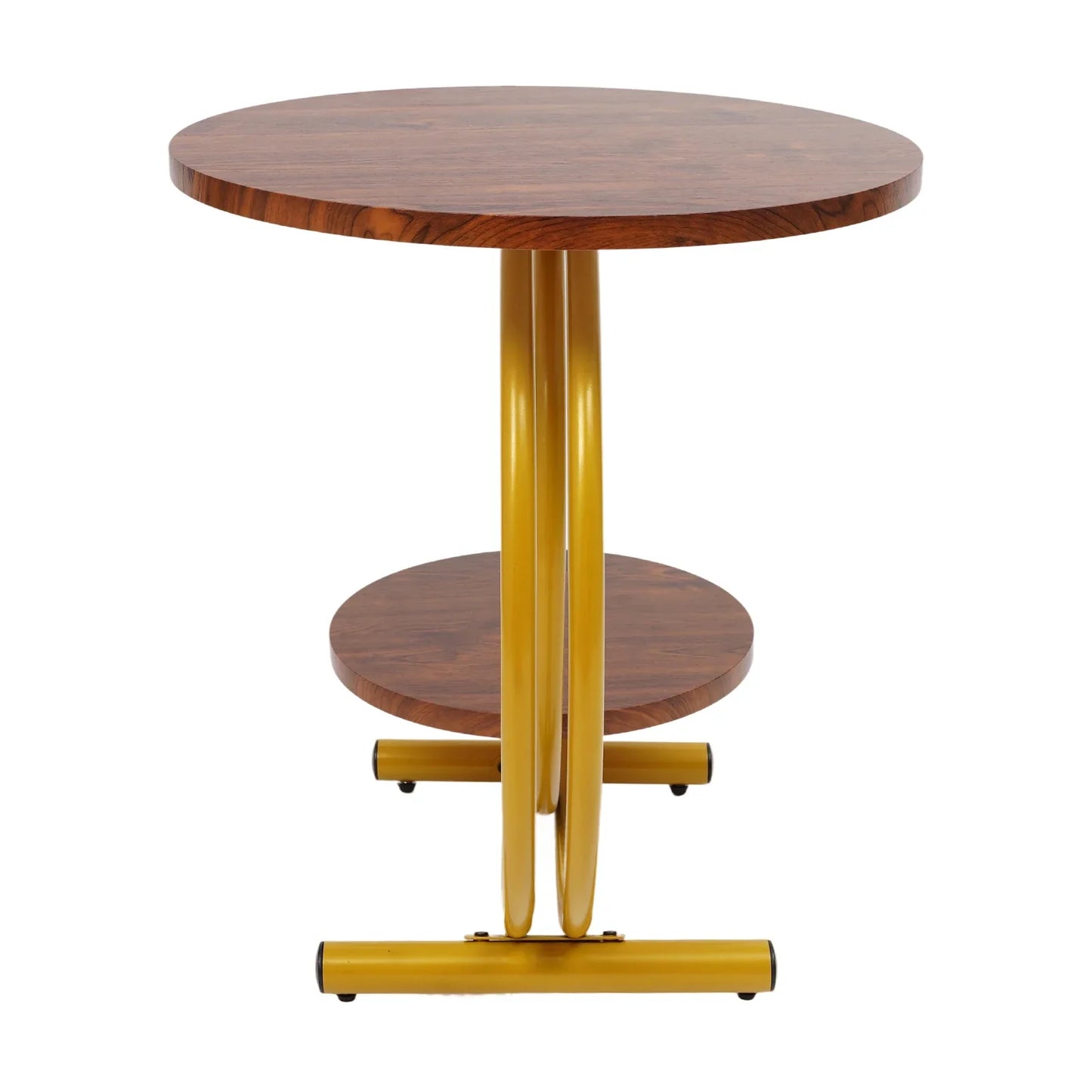 Elegant Gold Walnut 2-Tier Round End Table with Storage Shelf