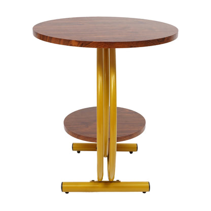 Elegant Gold Walnut 2-Tier Round End Table with Storage Shelf