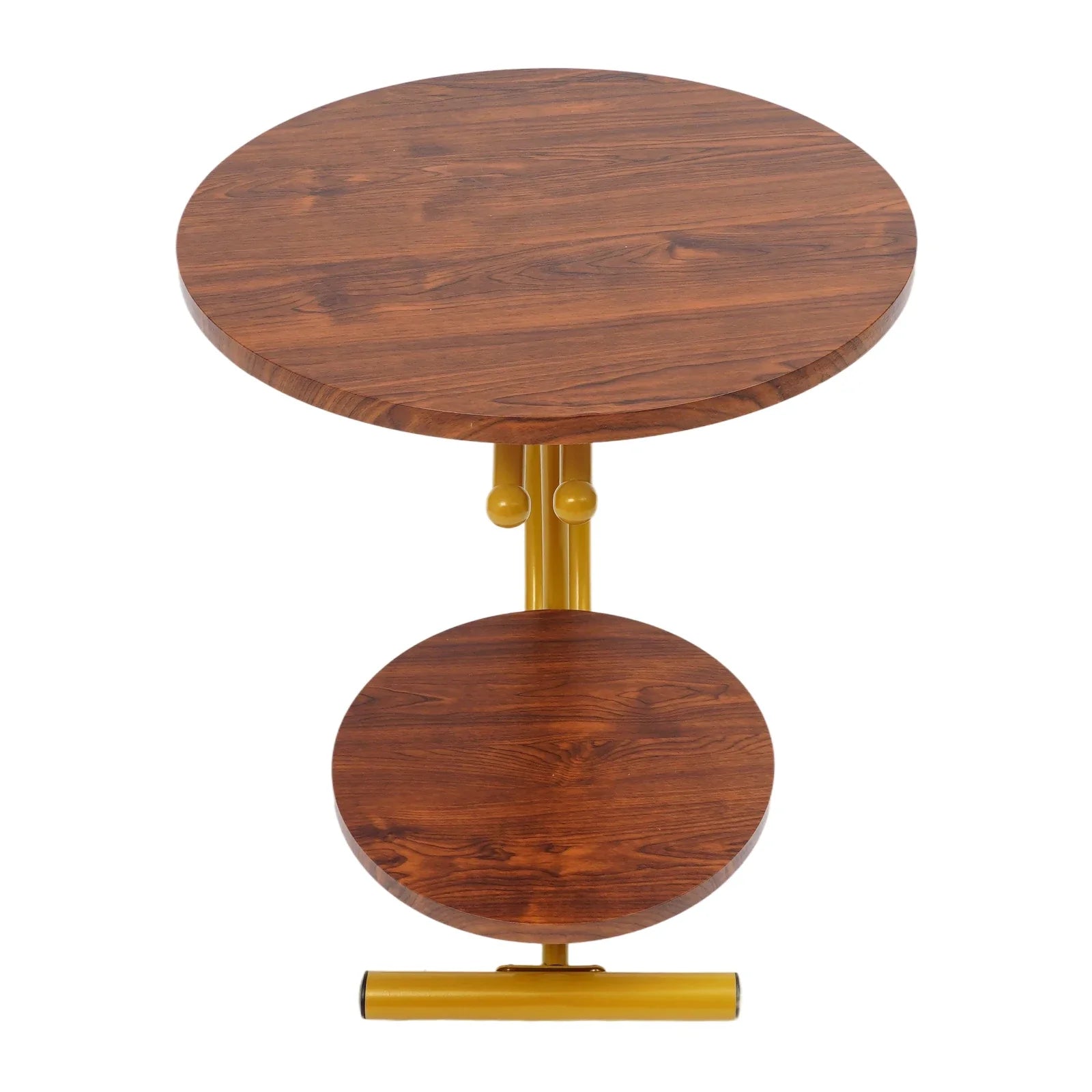 Elegant Gold Walnut 2-Tier Round End Table with Storage Shelf