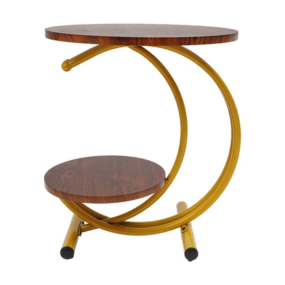 Elegant Gold Walnut 2-Tier Round End Table with Storage Shelf
