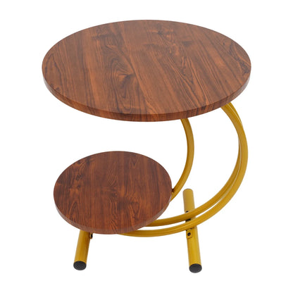 Elegant Gold Walnut 2-Tier Round End Table with Storage Shelf