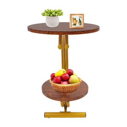 Elegant Gold Walnut 2-Tier Round End Table with Storage Shelf