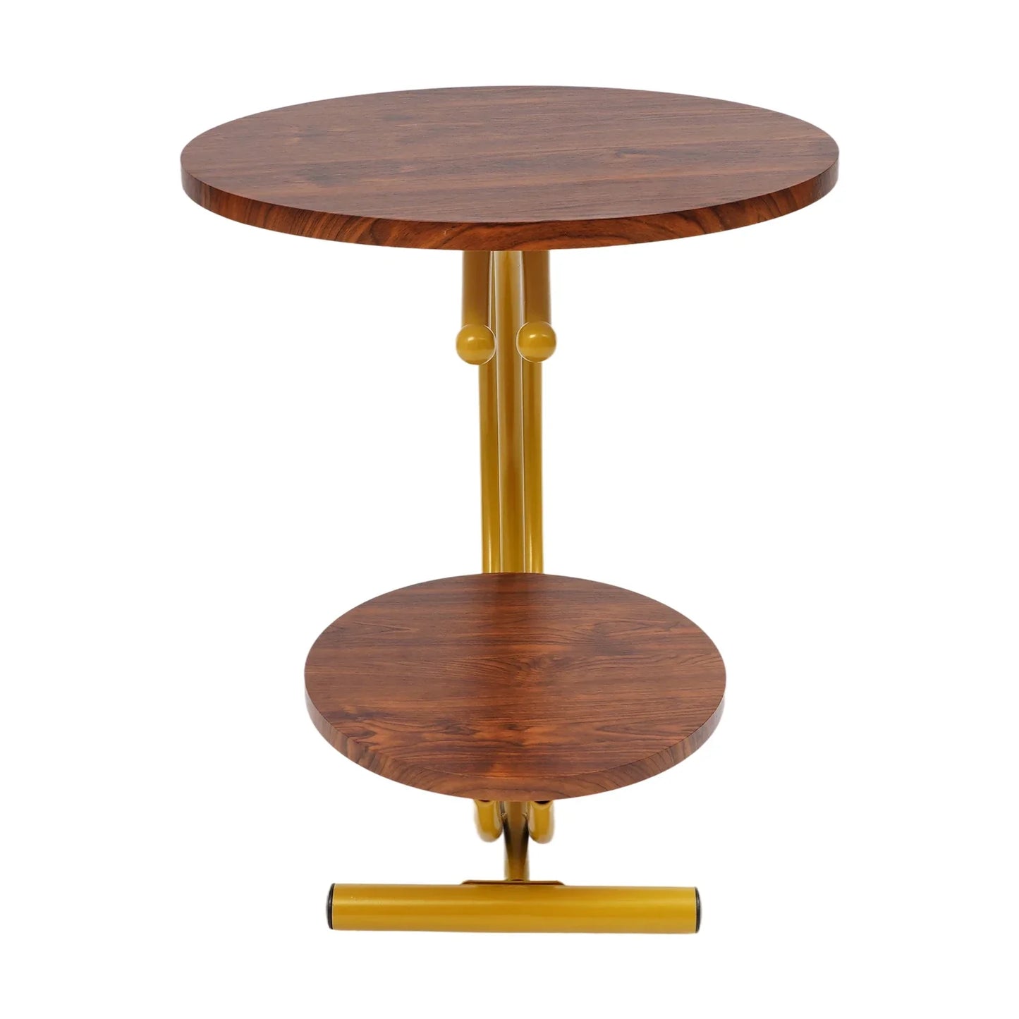 Elegant Gold Walnut 2-Tier Round End Table with Storage Shelf